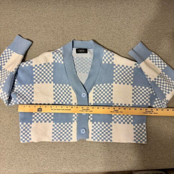 Womens Blue White Checkered Crop Cardigan Preppy Oversize Sweater Pastel Blue L - Picture 3 of 5